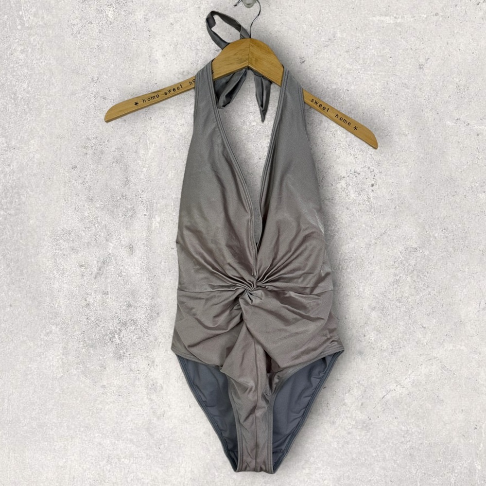 Ted Baker Low Knot One Piece Swimsuit Shimmer Grey Silver Plunge V-Neck Swim 4
